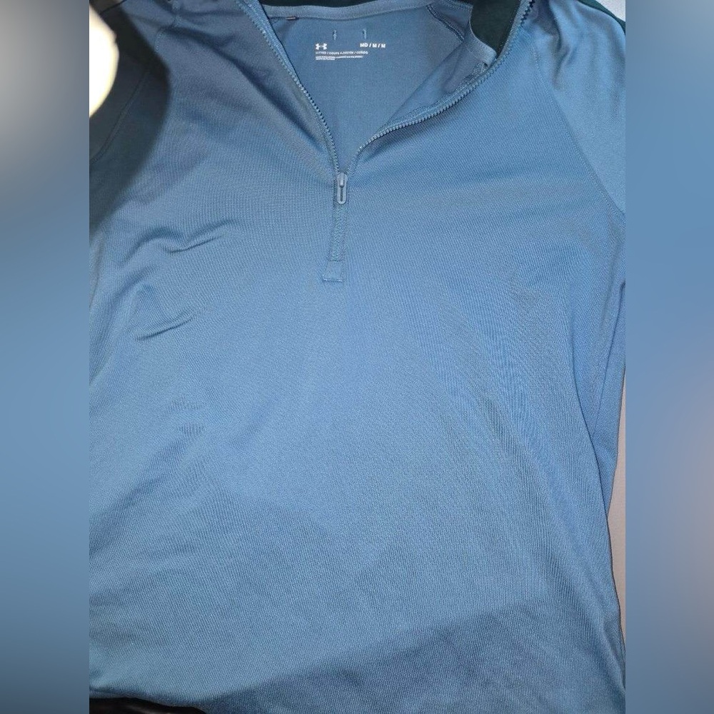 Under Armour Women Heat Gear Activewear Top M Blue Stripe 1/2 Zip Fitted